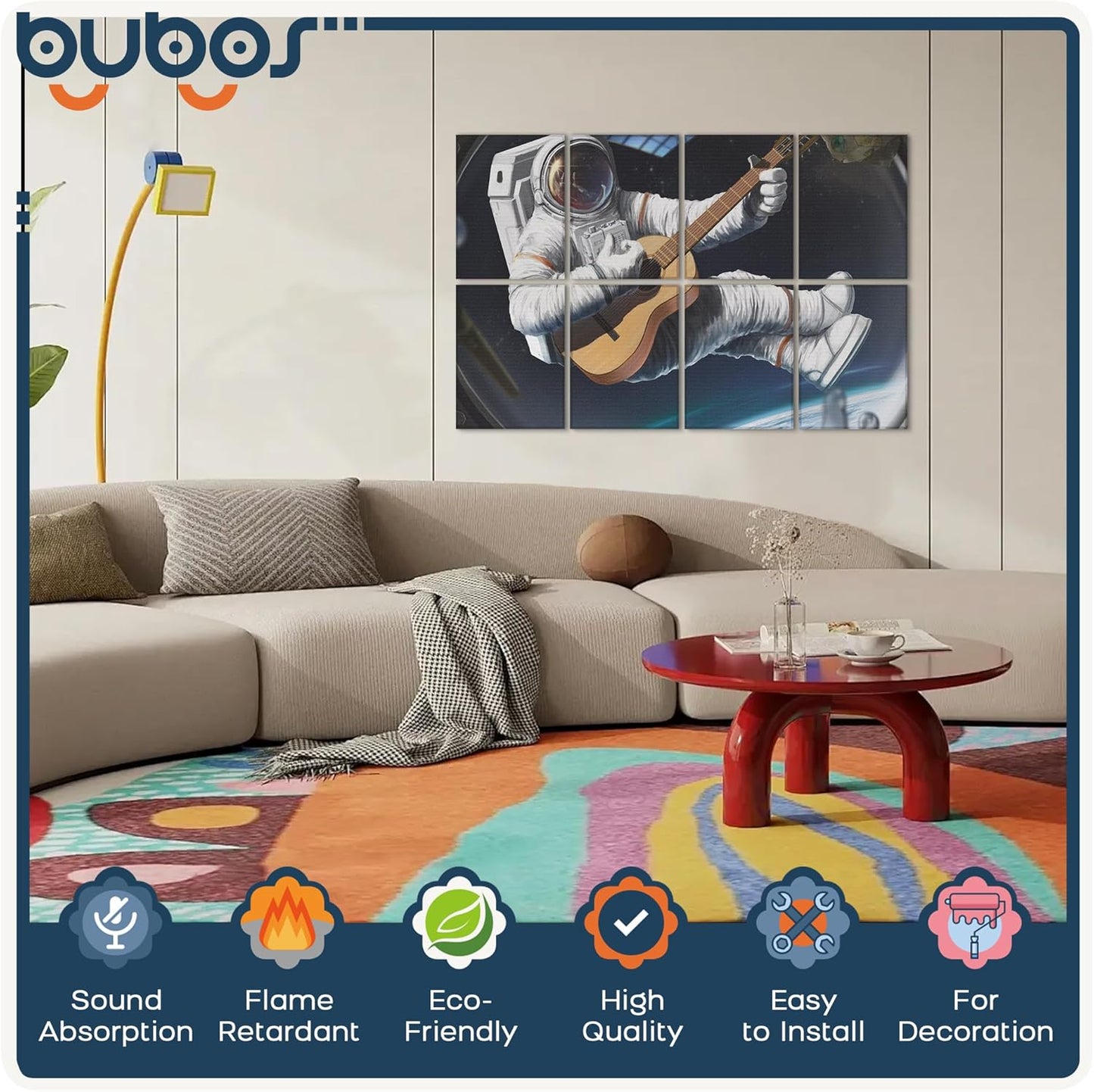 BUBOS 8 Pack Art Acoustic Panels Soundproof Wall Panel,47.2X31.4 Inches Sound Absorbing Panel,Self-adhesive Decorative Acoustical Wall Panels, Acoustic Treatment for Ceiling Home Office（Space Guitar）