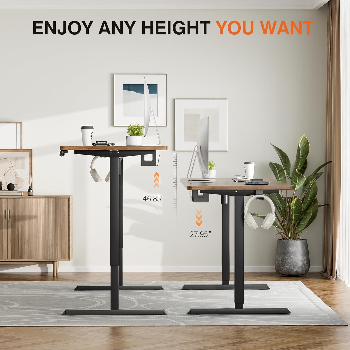 Furmax Electric Standing Desk, 59 x 24 Inches Height Adjustable Desk with Wheels, Home Office Computer Desk with Management Box (Brown)