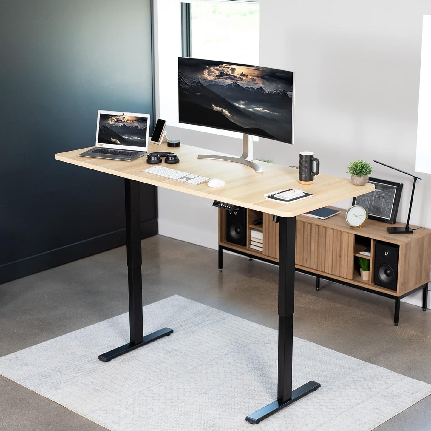 VIVO Electric 71 x 30 in Standing Desk, Memory Height Adjustment, 1B Series, Light Wood Top Black Frame, DESK-KIT-1B7C