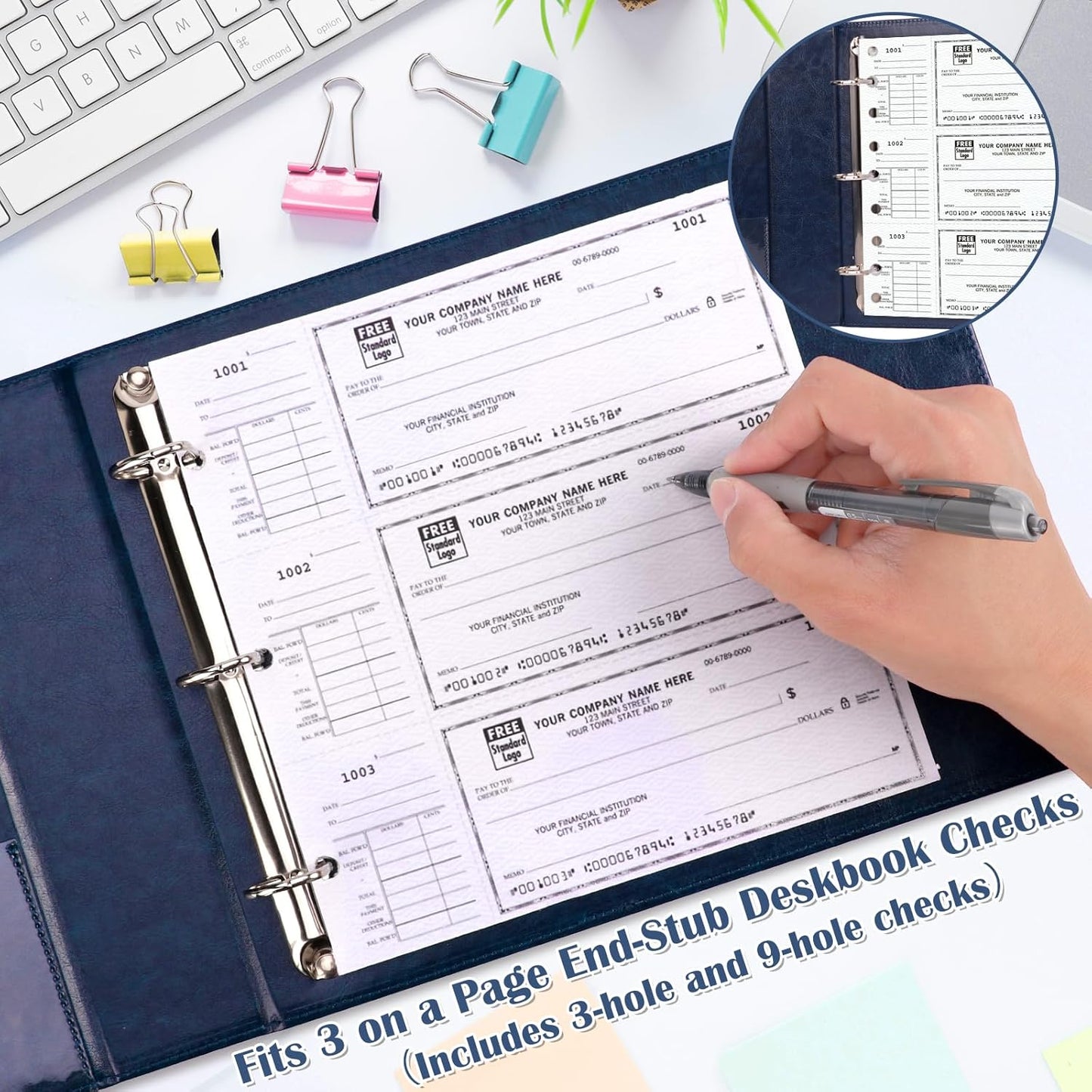 9" x11 1/4" PU Leather 3 Rings Personal Checks Binder for End-Stub Deskbook 3-Ring Binders for Desk Check fit 3 & 9 Holes Checkbook Binder Cover for Business Finances (Not Fit 7 Holes,Navy Blue)