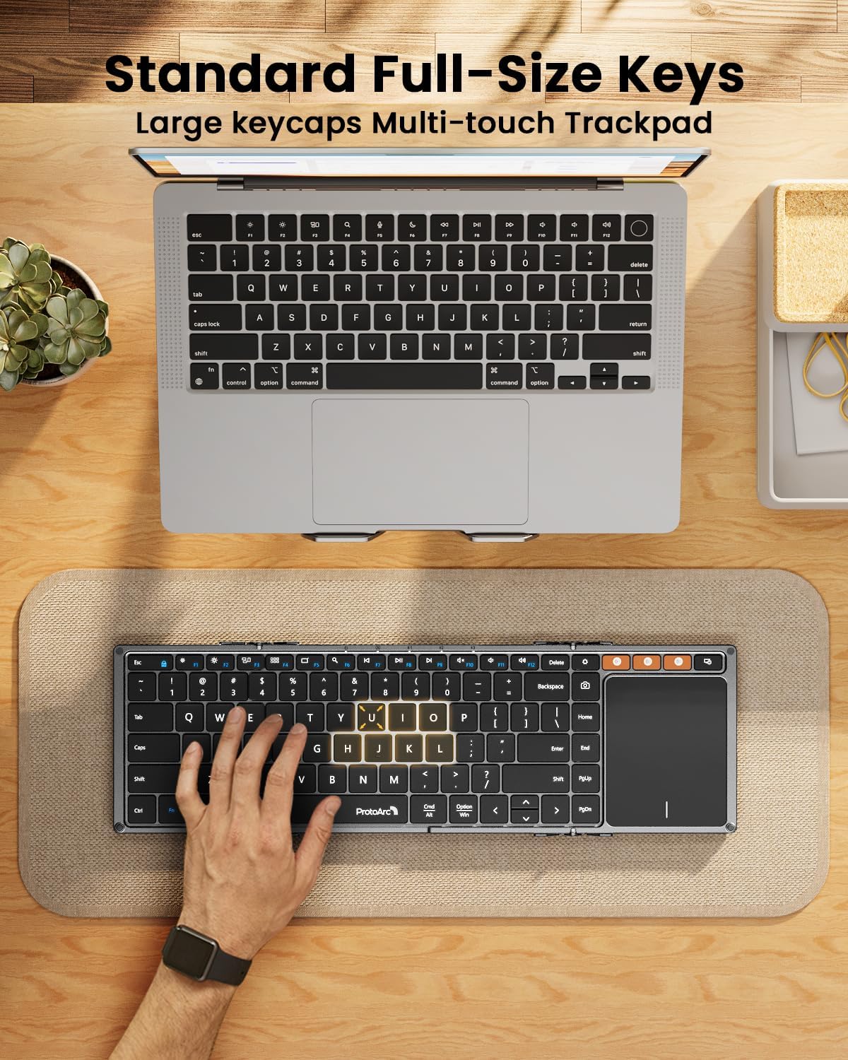 ProtoArc Foldable Keyboard with Touchpad, XK01 TP Folding Portable Keyboard, Full Size Keys, Large Trackpad Bluetooth Travel Keyboards for iPad Laptop PC Tablets - Black Gray