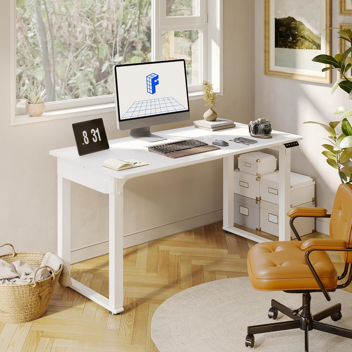 FLEXISPOT 4 Legs Standing Desk 55 x 28 Inch Electric Adjustable Height with Splice Board Home Office Sit Stand Up Desk, White Top + White Frame