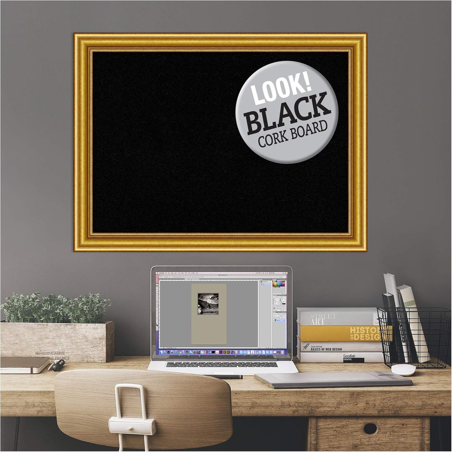 Amanti Art Black Cork Board for Wall, 24x32 Vision Board with Gold Wood Frame, Medium Corkboard Office Decor for Home Organization, Traditional Corkboard Pinboard to display items for home