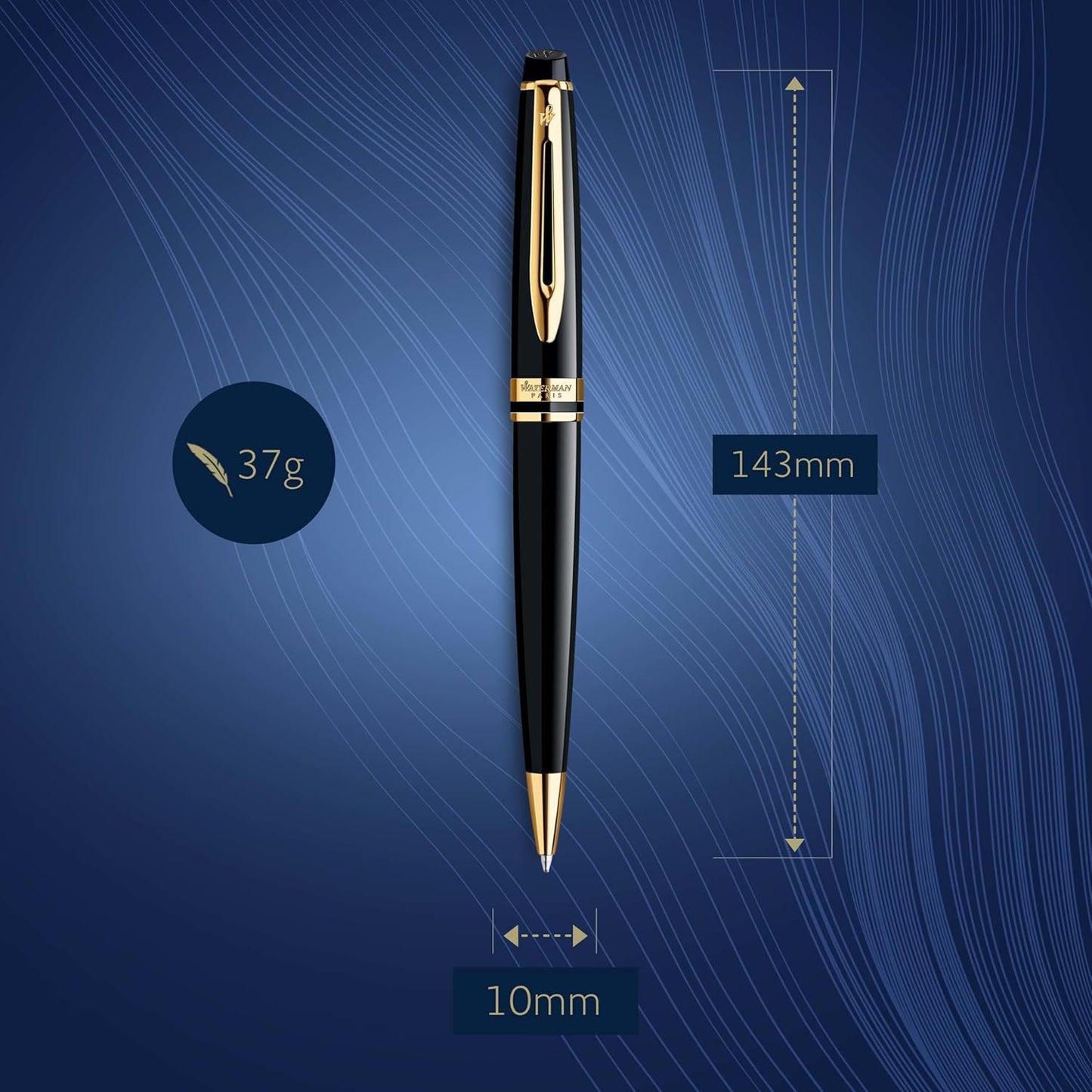 Waterman Expert Ballpoint Pen, Black with Golden Trim, Medium Tip, Blue Ink, Gift Box