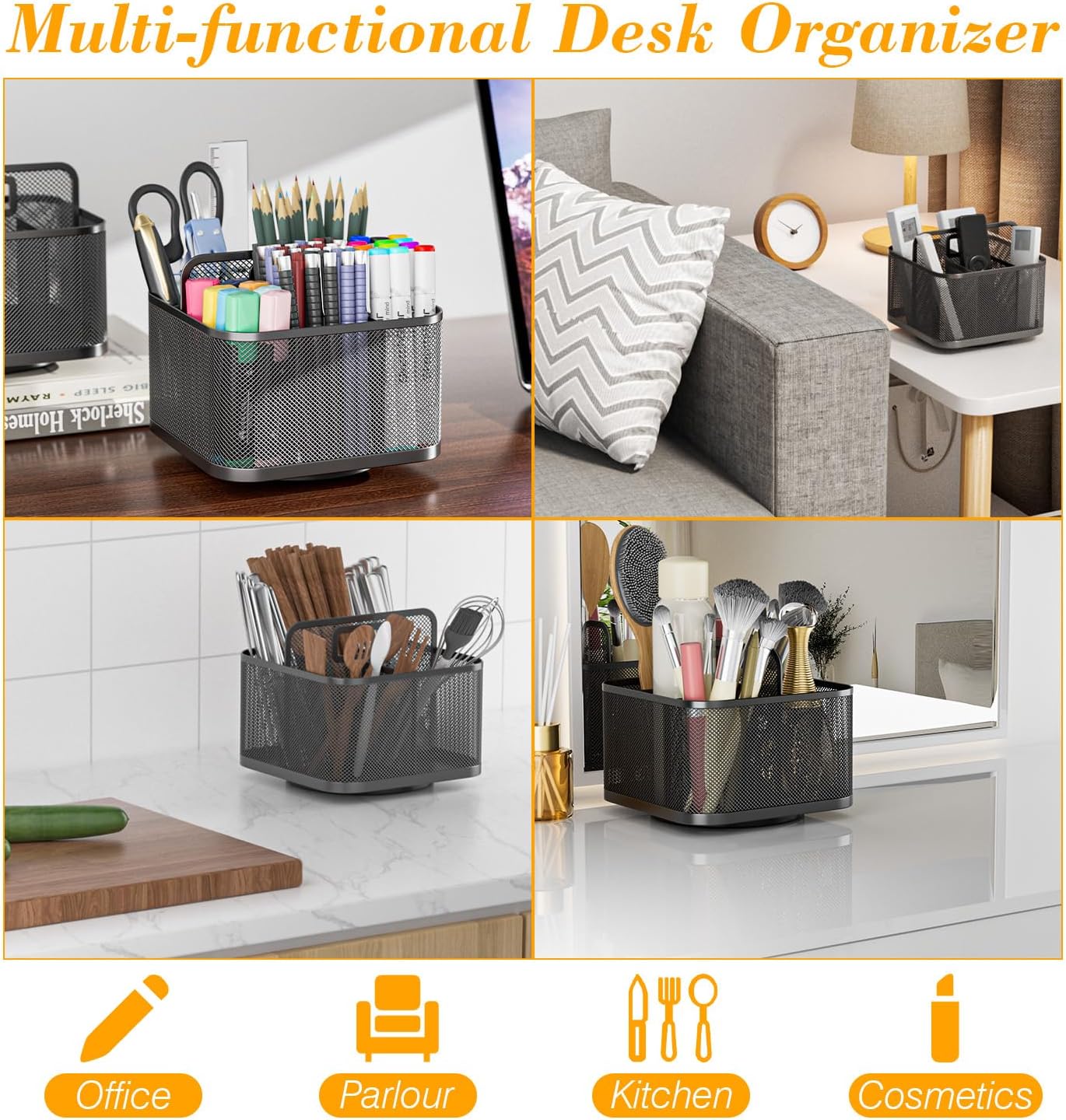 LUCYCAZ 360 Rotating Metal Pencil Pen Holder for Desk, Rotating Pencil Cup with 5 Slots, Dual-Purpose Desk Pen Organizer for Office, School, Home, Square