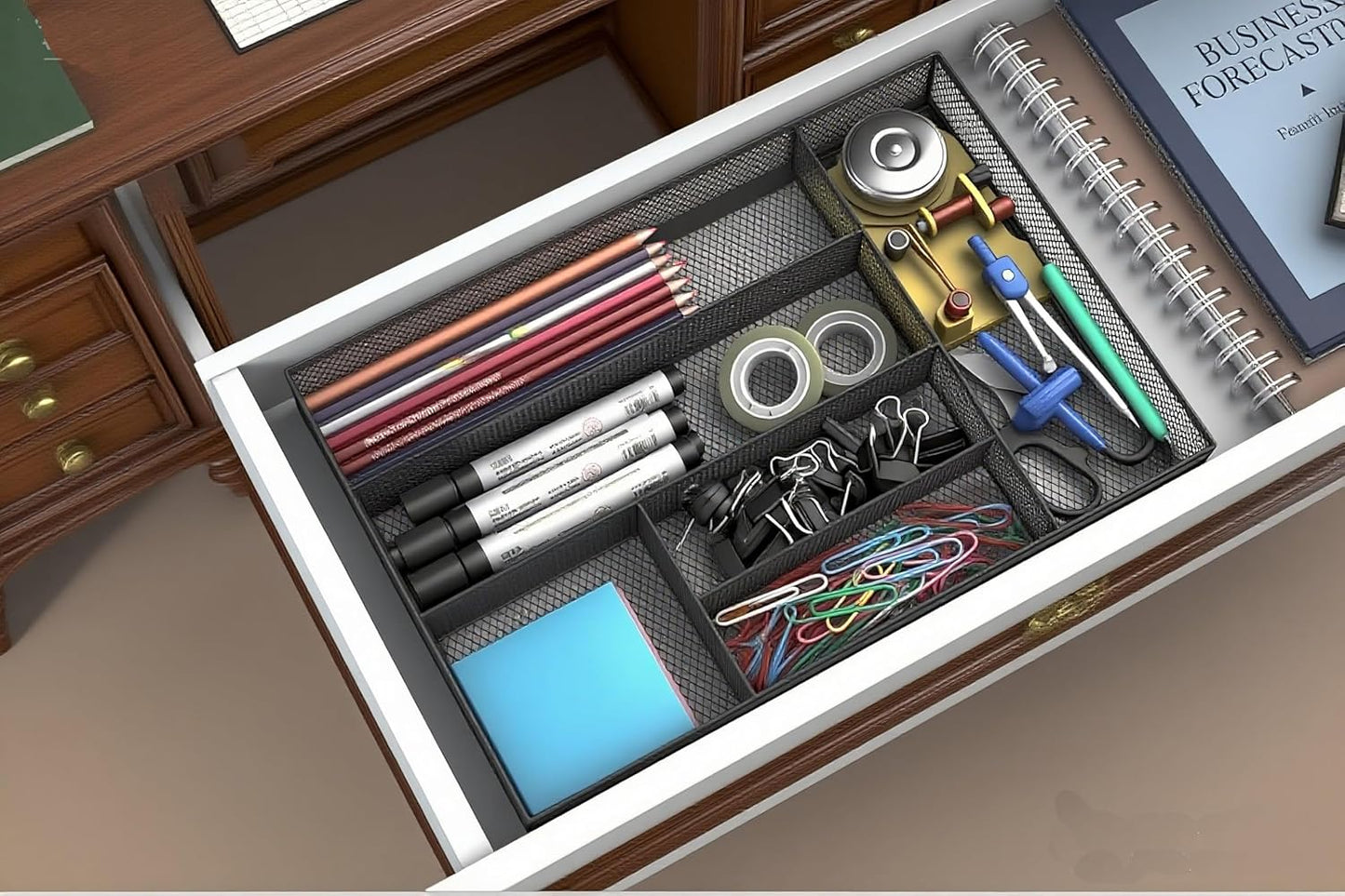 New Desk Drawer Organizer Metal Mesh Drawer Organizer Tray for Office School or Home Supplies Desktop Storage Stationery, 6 Compartments, 12.6 x 8.27 x 1.57 inch，Black (2pc pack)