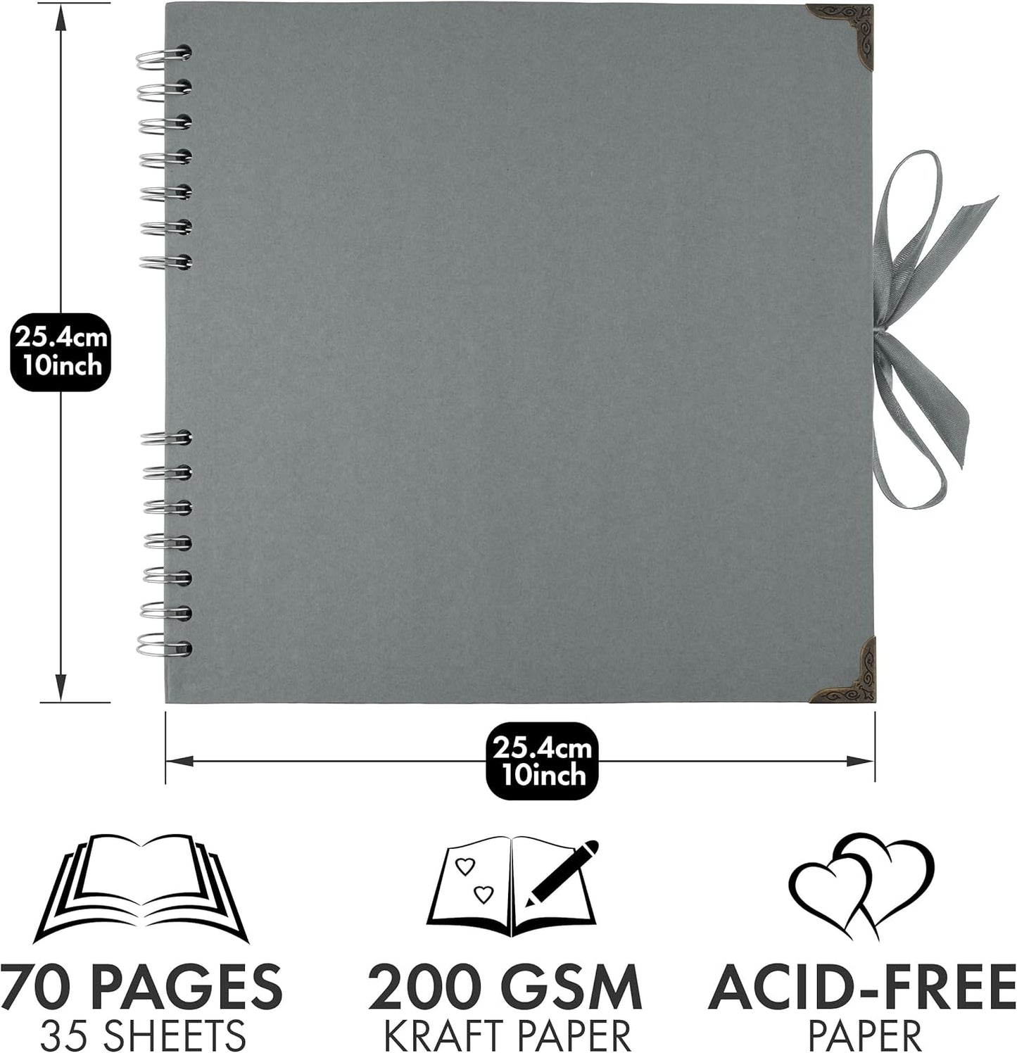Bstorify 10 x 10 Inches Scrapbook Album 70 Pages Grey Thick Kraft Paper Corner Protectors, Ribbon Closure - Ideal for Your Scrapbooking, Art & Craft Projects (Grey, 10 x 10 Inch)