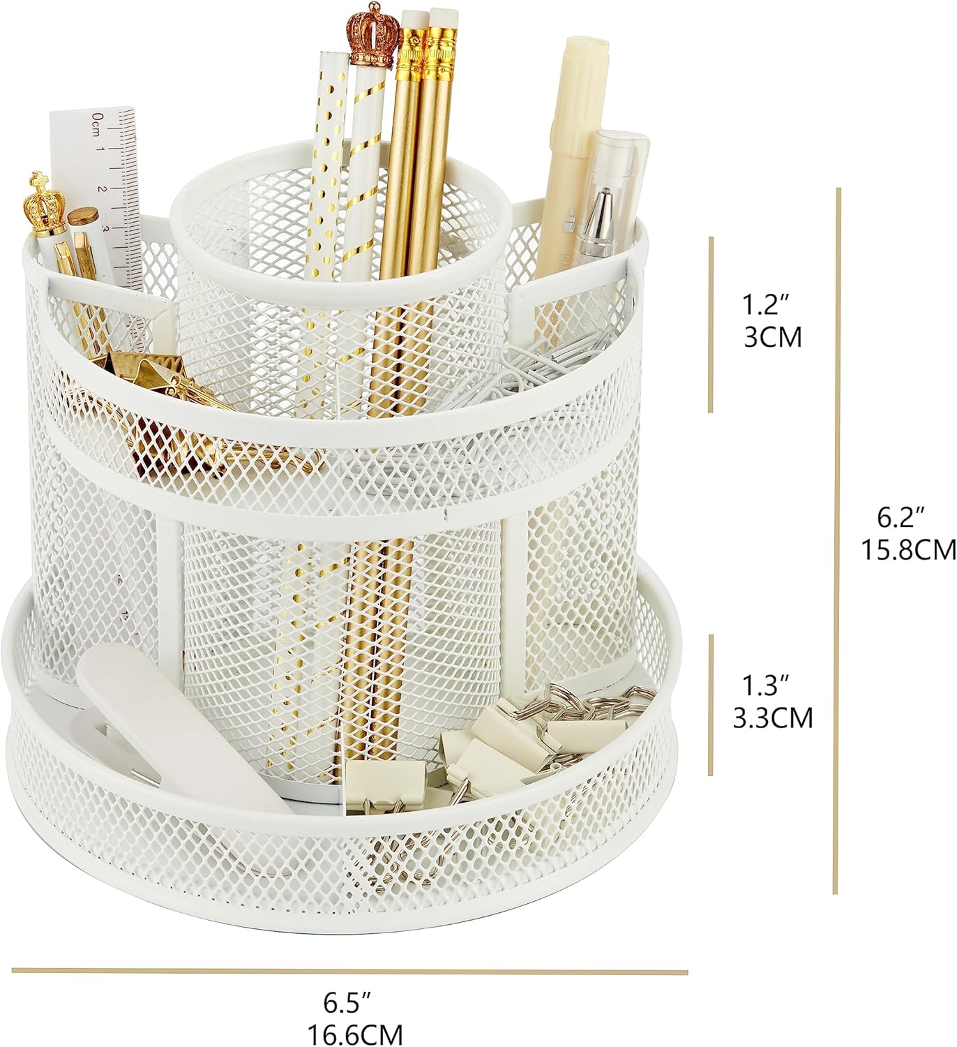 Annova Mesh Desk Organizer Rotate with 6 Compartments Round Spinning Tidy Candy/Pen Holder Desk Accessories Office, Art Supply, Storage, Classroom, Home (White)