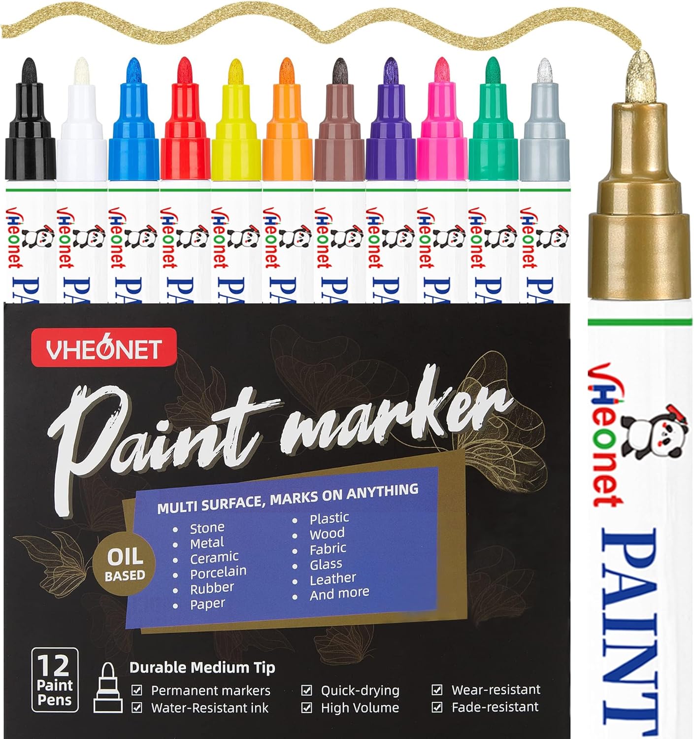 Oil Based Paint Pens and Markers, 12 Pack Permanent Quick-Dry Paint Markers for Rock Painting, Metal, Glass, Fabric, Wood, Plastic, Ceramic, Stone - Waterproof Art Supplies for DIY Crafts (12 Colors)