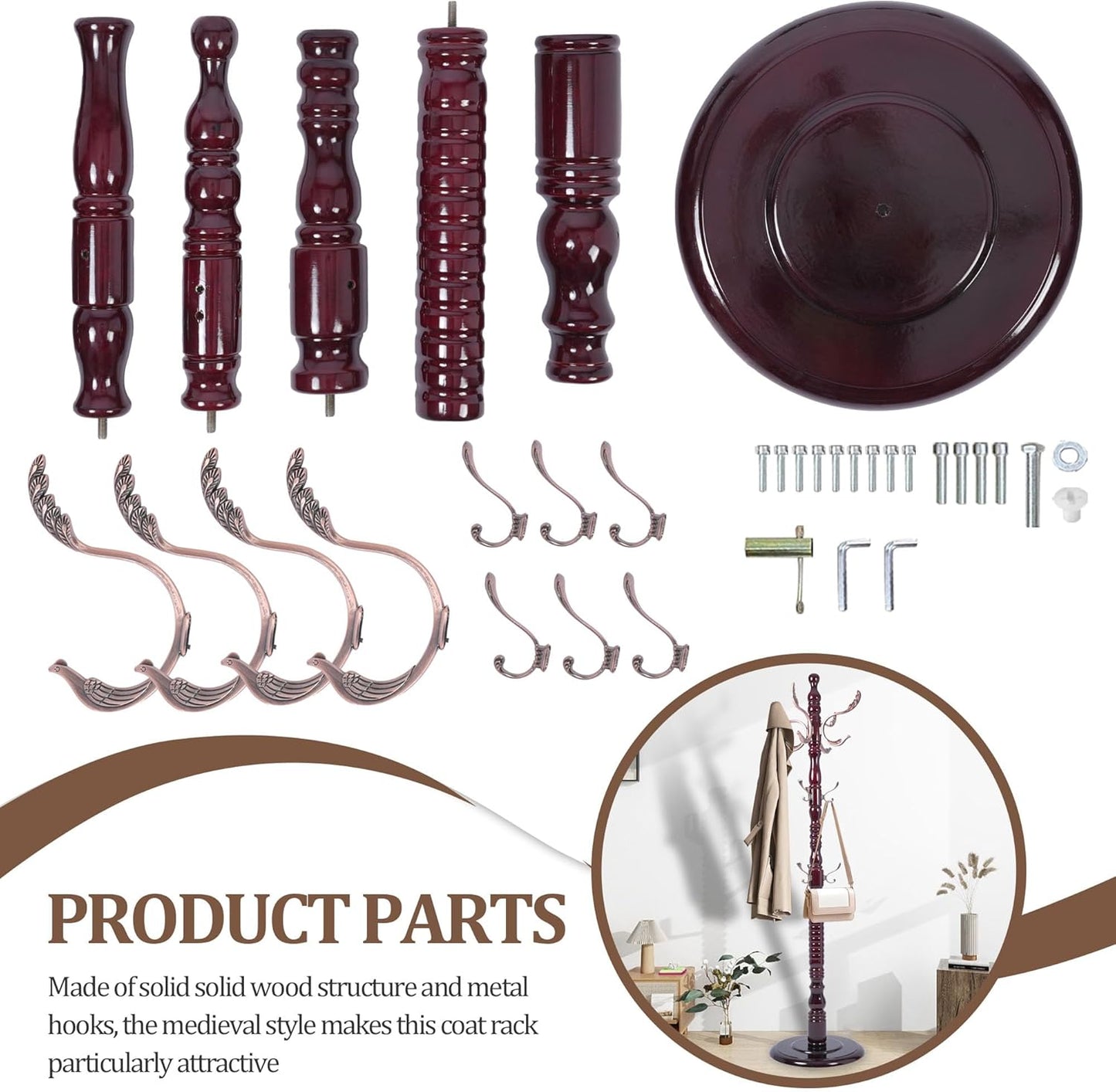 Wooden Coat Rack Free Standing 20 Metal Hooks, Vintage Coat Rack Stand for Entryway, Adjustable Height 73", Heavy Duty Coat Tree with Solid Round Base for Home Bedroom, Office(Walnut-m)