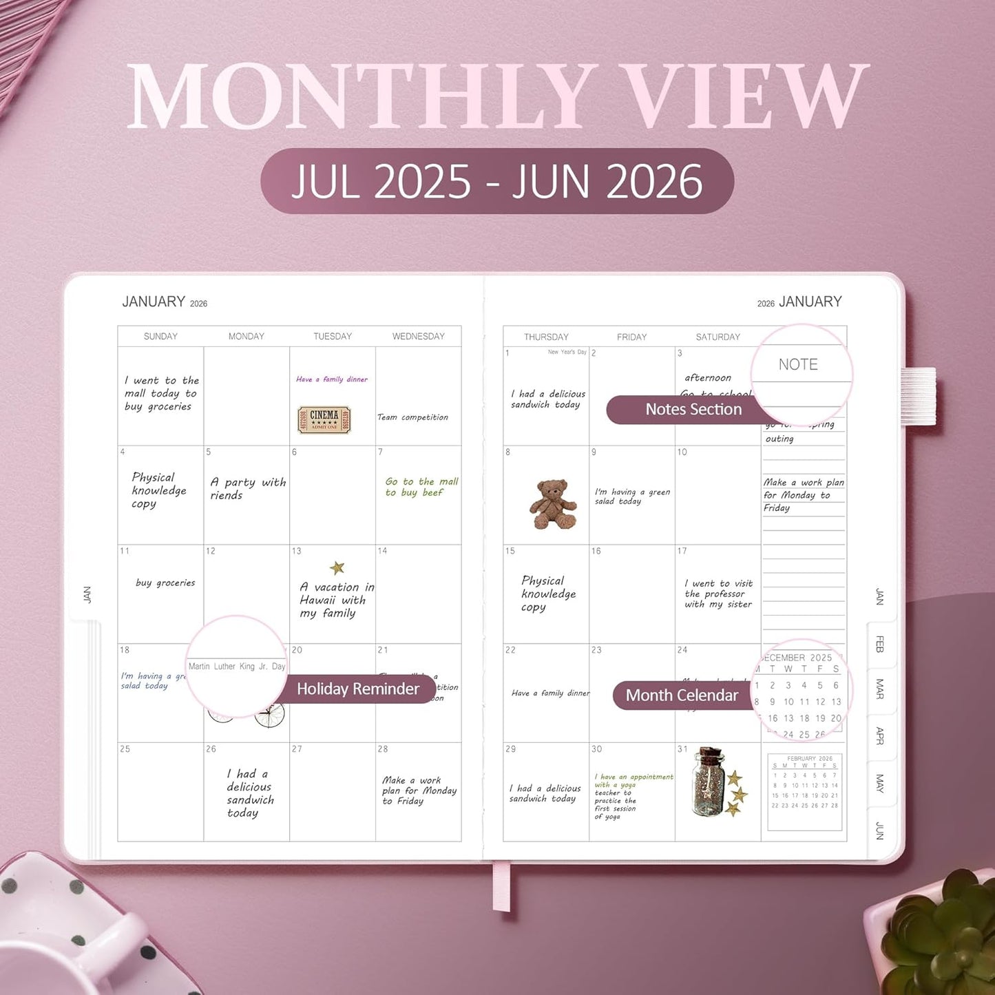 2025-2026 Planner for Women, Lather Weekly & Monthly Organizer, July 2025-June 2026, Hardcover with Gold Foil, Tabs, and Inspirational Pages - Ideal for Professionals, Pink