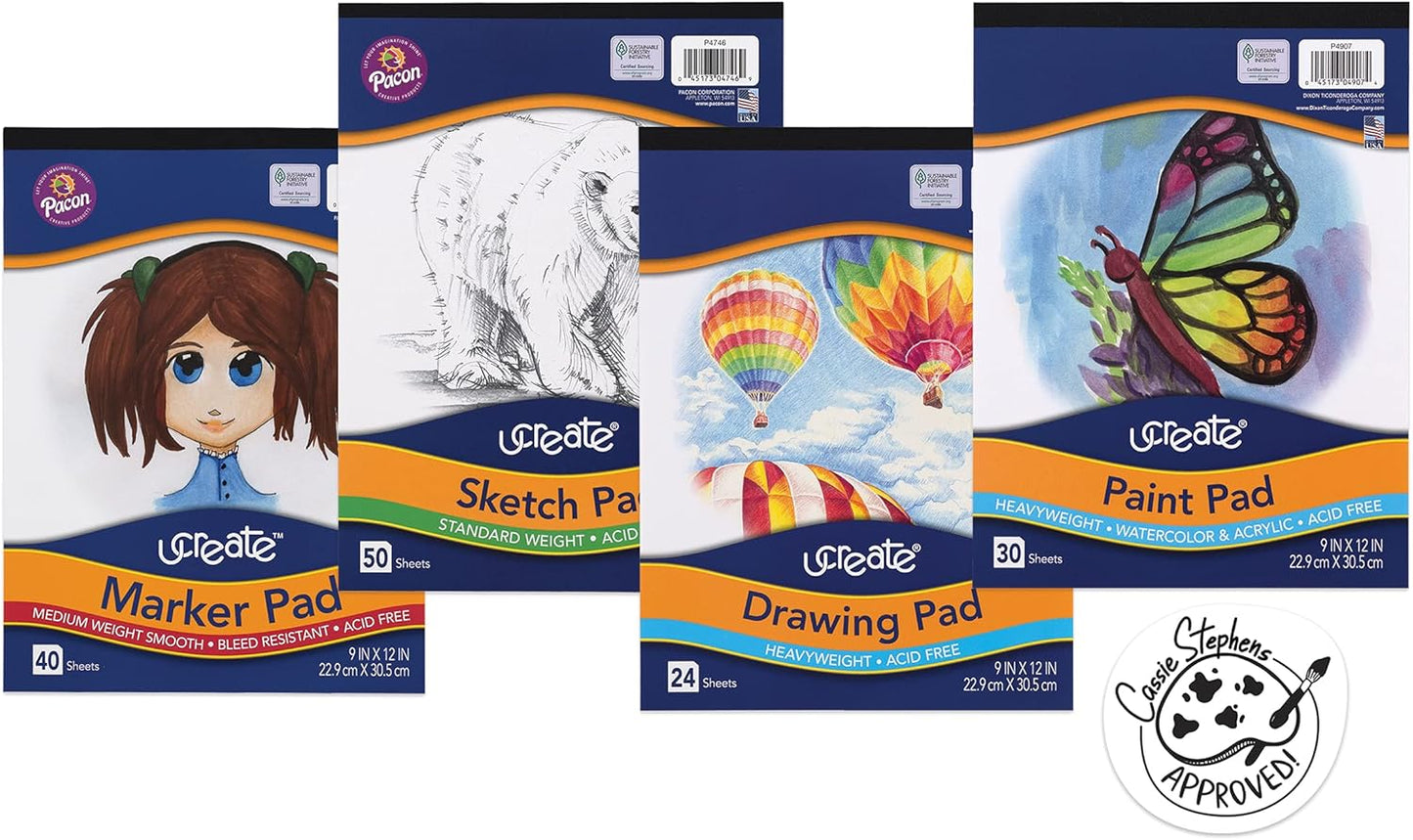 UCreate Art Paper Set of 4, White, 9" x 12", 4 Pads, Drawing, Sketch, Paint, Marker