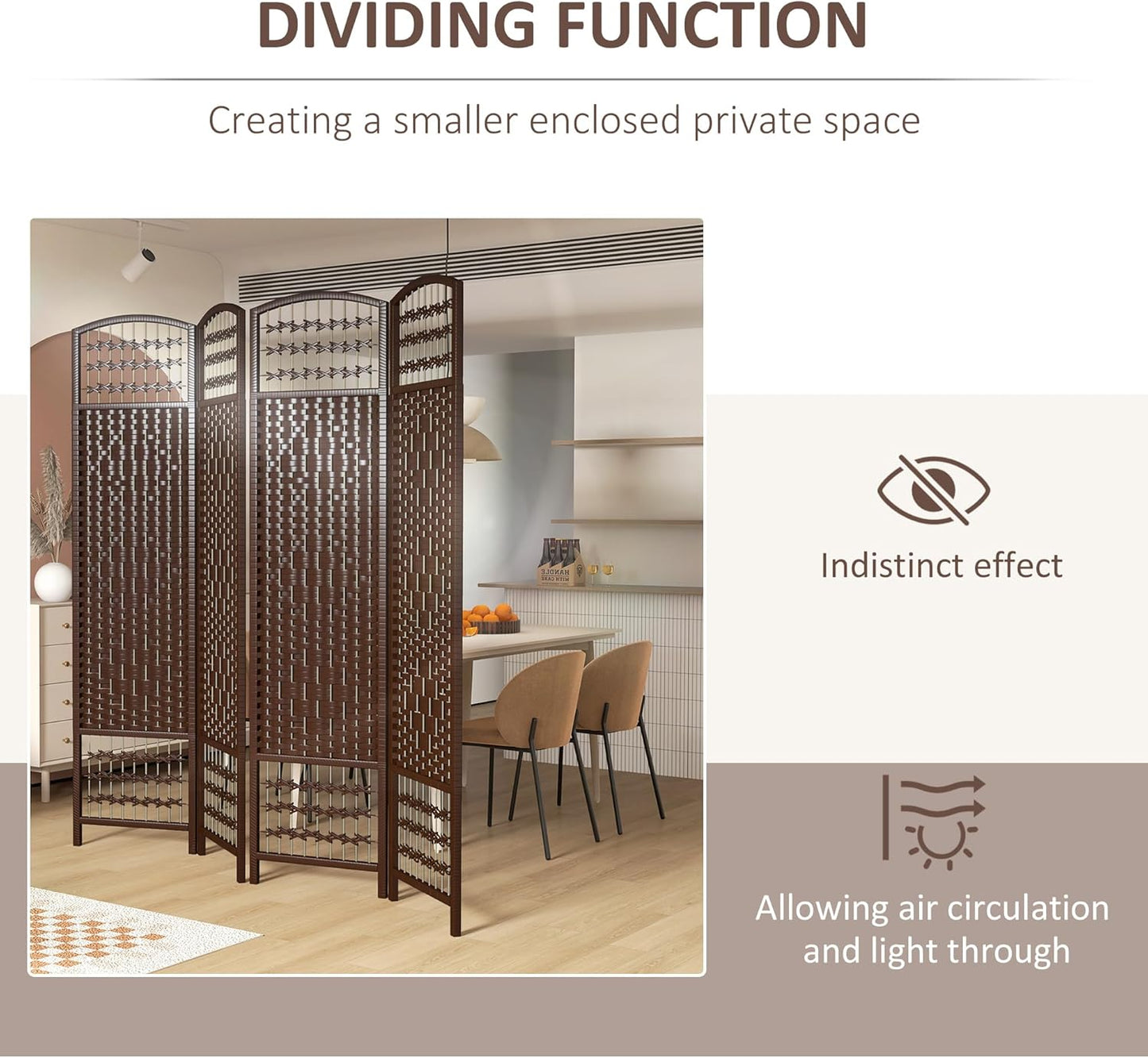 HOMCOM 4 Panel Room Divider, Folding Privacy Screen, 5.6' Room Separator, Wave Fiber Freestanding Partition Wall Divider, Brown