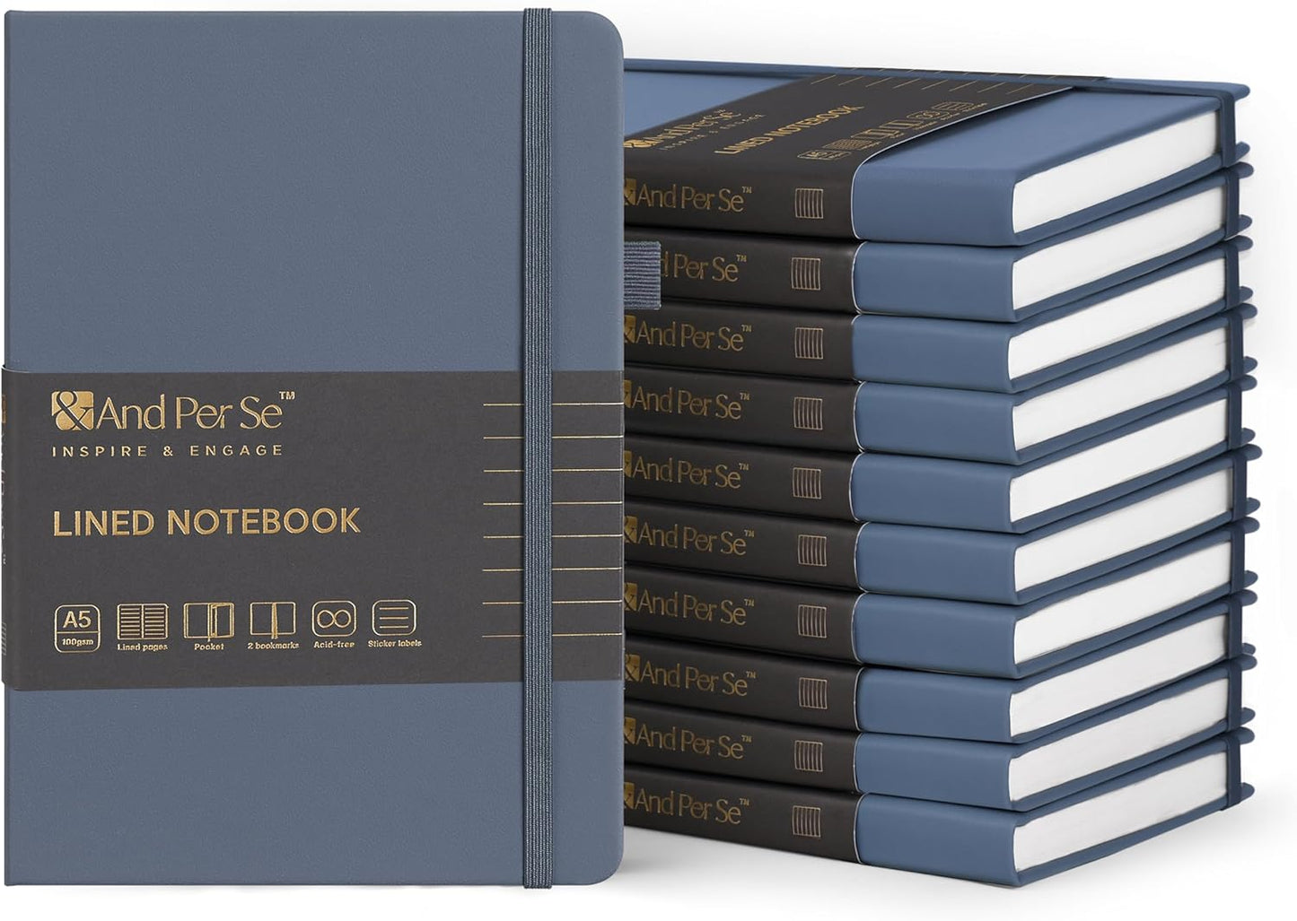 &And Per Se Lined Journal Notebook (10 Packs), 160 Pages, A5 5.7 x 8 inches College Ruled Thick Paper Notebook Journals for Writing, Hardcover Notebooks for Women Men Office School (Dark Blue)