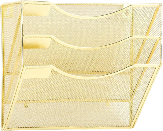 EASEPRES 3 Pocket Mesh Hanging Wall File Organizer, Wall Mounted Mail Paper Document Folder Holder, Clipboard Storage Organization Magazine Rack with Nametag Label for Office Home School, Gold