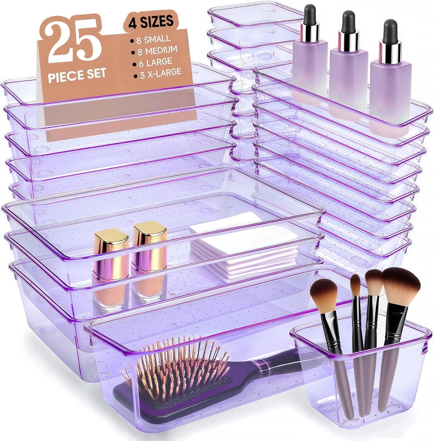 Kitchen Desk Drawer Organizers Storage for Office, Small Acrylic Vanity Trays Makeup Organizer for Drawer Bathroom Plastic Make up Organizers 25 Pcs Clear Purple