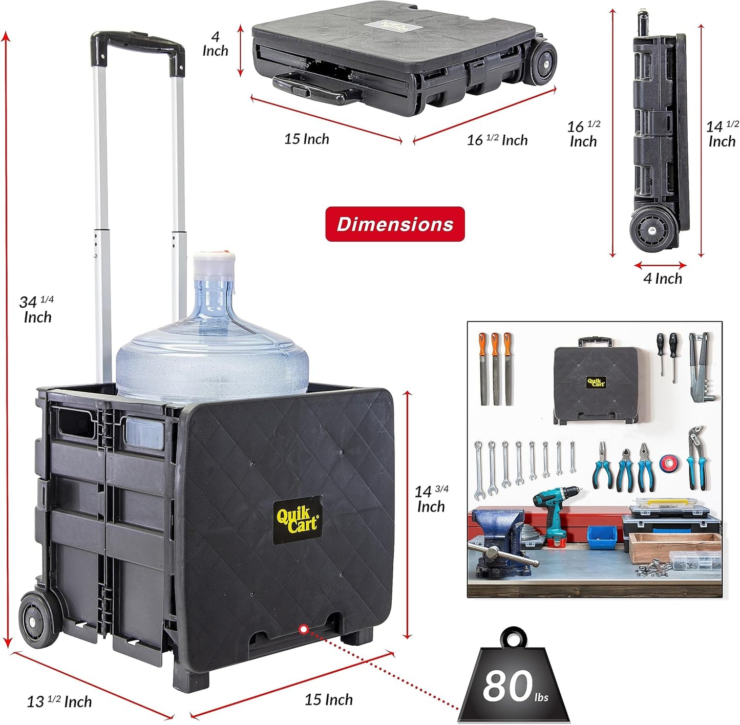 dbest products Quik Cart Sport Collapsible Rolling Crate on Wheels for Teachers Tote Basket 80 lbs Capacity, Made from Heavy Duty Plastic Used as a Seat, Black, Compact