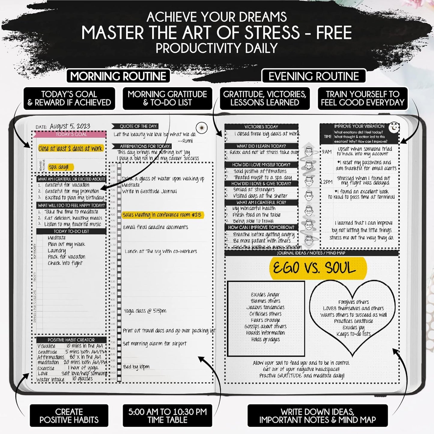 Gratitude Journal for Women & Men - 5 Minute Self Care Journal | 90-Day Undated Daily Planner for Positivity, Affirmations & Manifestation | Guided Mindfulness, Reflection | Vision Board + Stickers