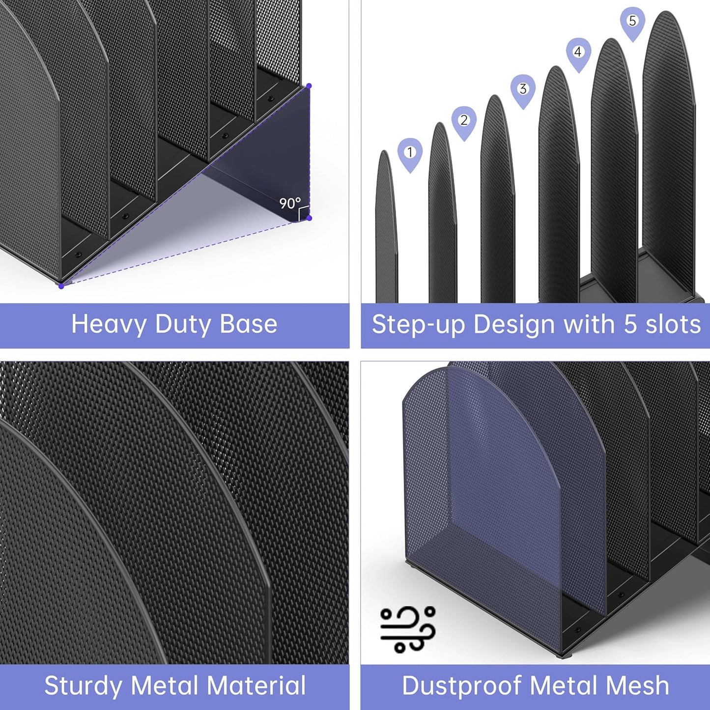 Desk File Organizer, Vertical File Folder Organizer with 5-Section, Document & Record Holder and Storage for Home Office School, Black