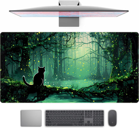 Kawaii Green Forest Desk Pad Mouse Pad Cute Black Cat Desk Mat, XXL Extended Anime Cats Large Gaming Mousepad, Computer Keyboard and Mouse Deskpad Decor Deskmat with Stitched Edges Mat 31.5x15.7 in