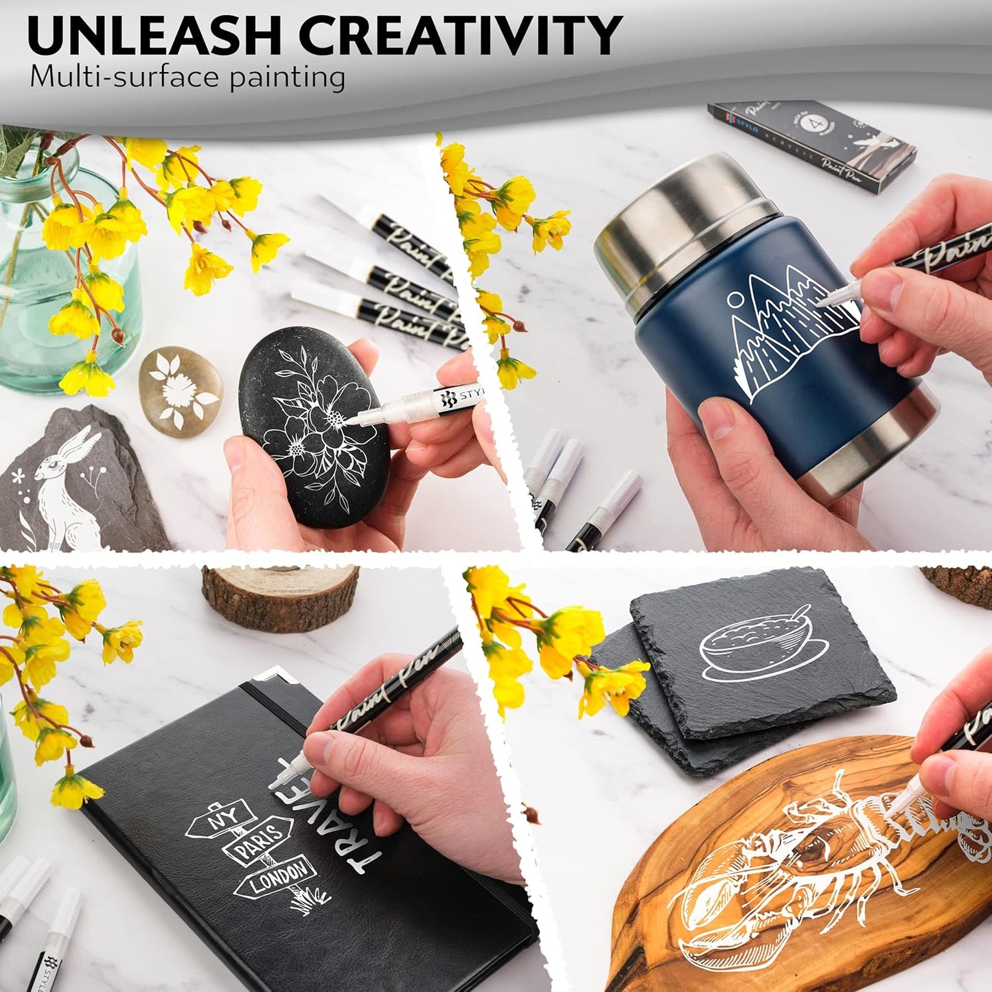 Stylo 8 Count Acrylic Metallic Pens - White Paint Pens - Fine Tip Permanent Acrylic Metallic Paint Markers for Rock Painting, Glass, Wood, Ideal for Arts and Crafts (Pack of 8, White)