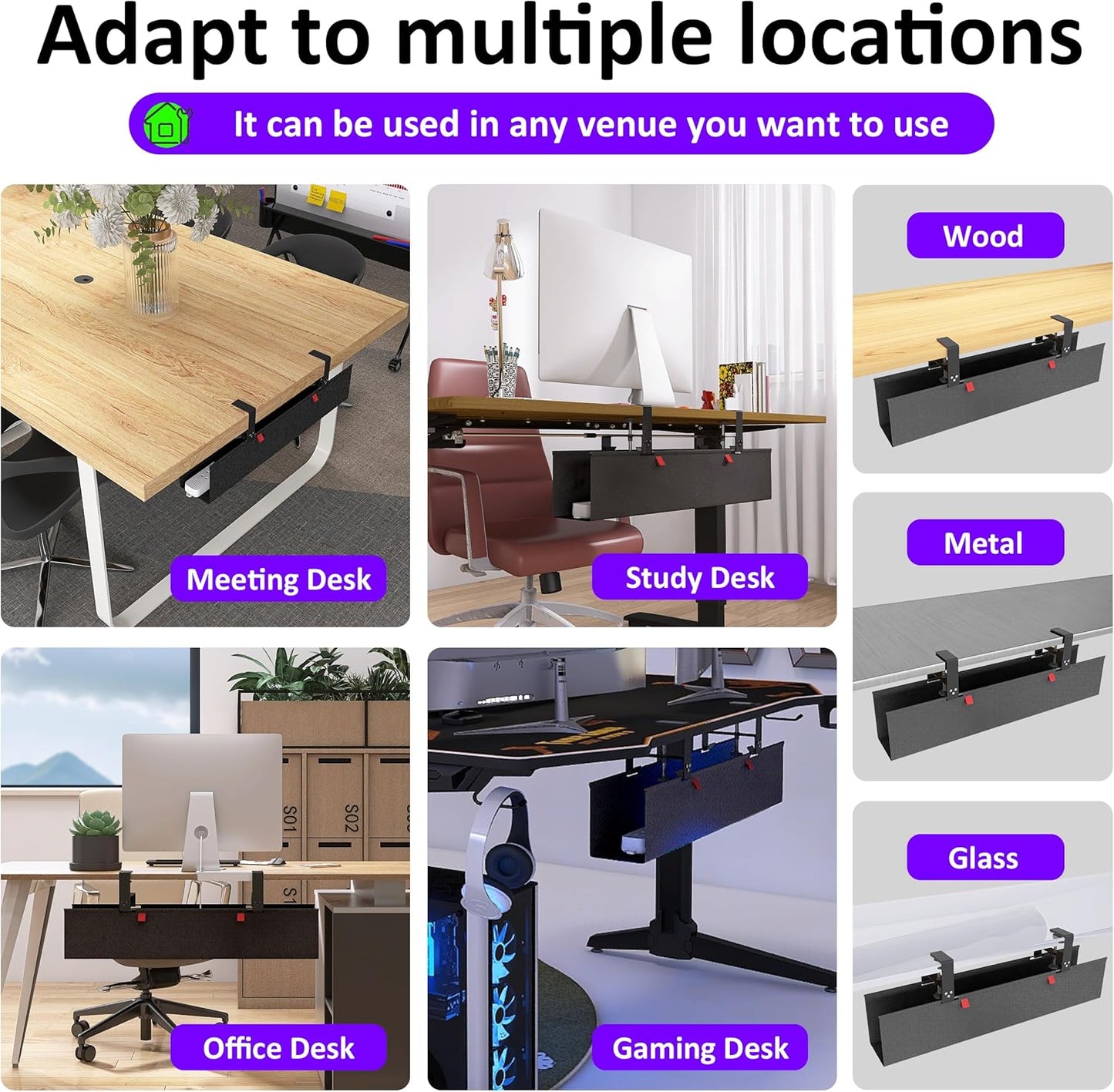 Under Desk Cable Management Tray - Under Desk Cord Management - Clamp/Screw Mount - Fabric Wire Management - Cable Raceways Tray Cord Hiders for Office/Home (Black, 28.6"×5.6")