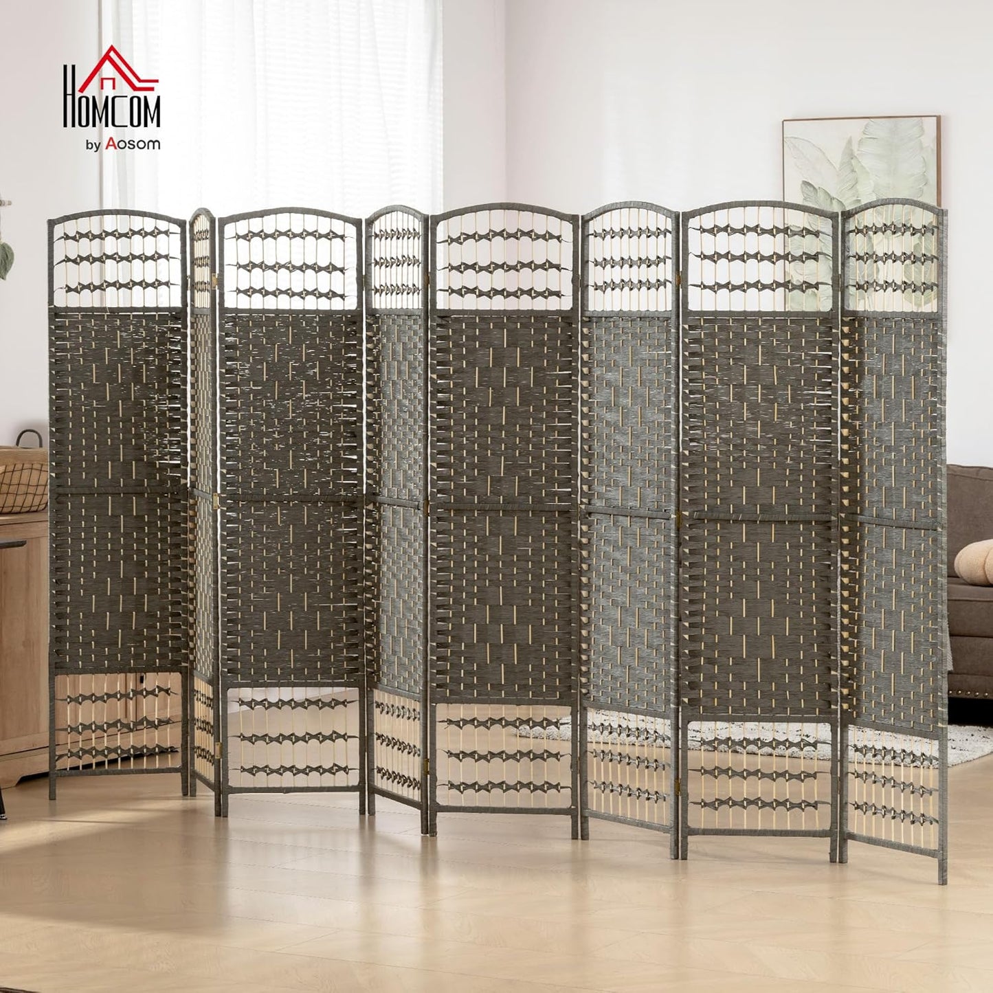 HOMCOM 8 Panel Room Divider, Folding Privacy Screen, 5.6' Room Separator, Wave Fiber Freestanding Partition Wall Divider, Dark Gray