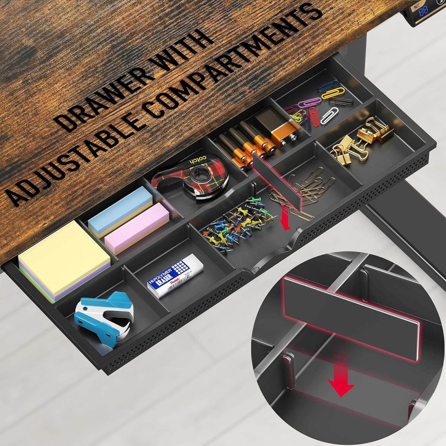 SHW 48-Inch Electric Height Adjustable Standing Desk with Drawer, Memory Preset and Cable Management Tray, Rustic Brown