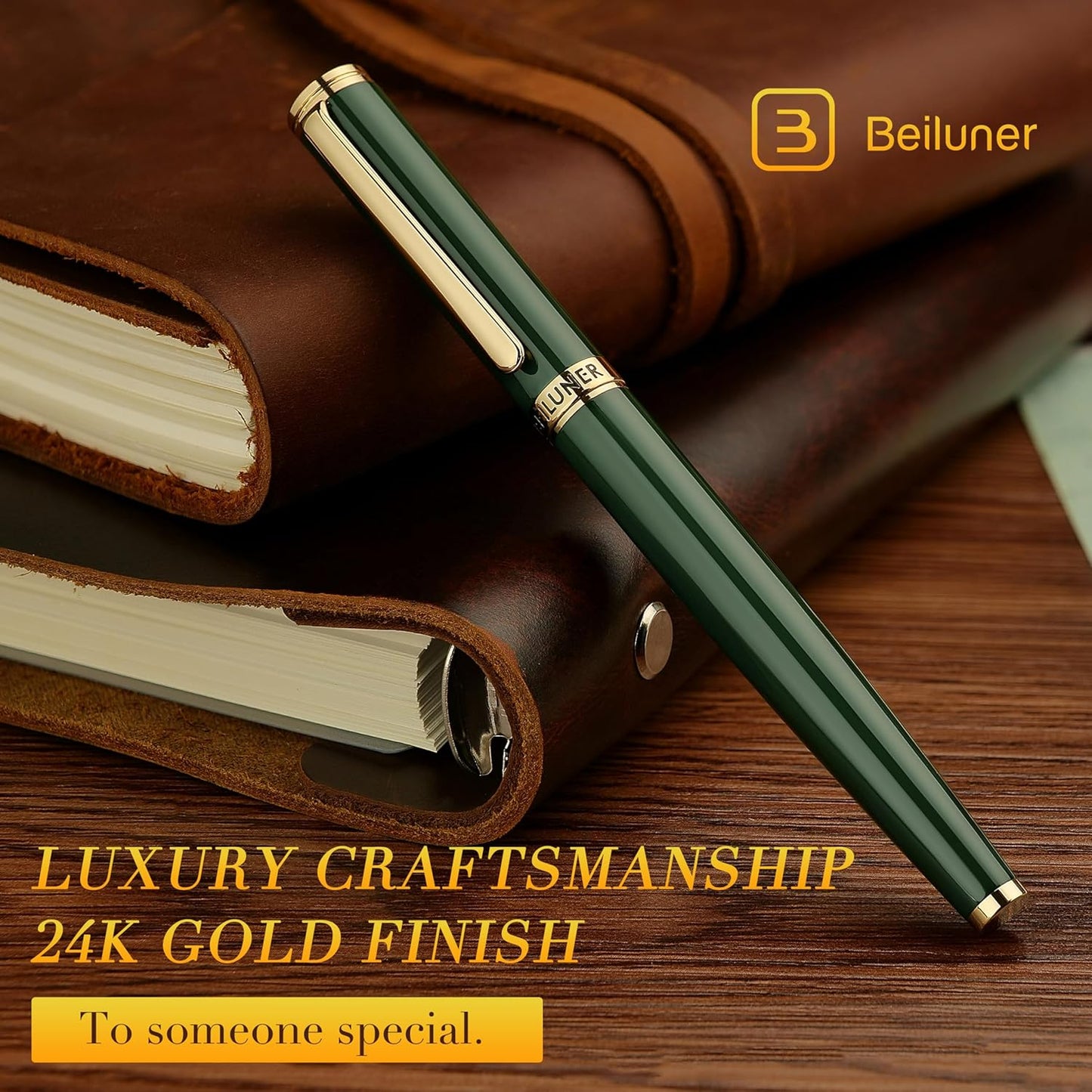 BEILUNER British Racing Green Fountain Pen,Stunning Luxury Pens with 24K Gold Accents, Gorgeous 24K Gilded Nib(Fine), Ink Converter,Fancy Pen Gift for Men&Women-Smooth, Office, Nice for Writing