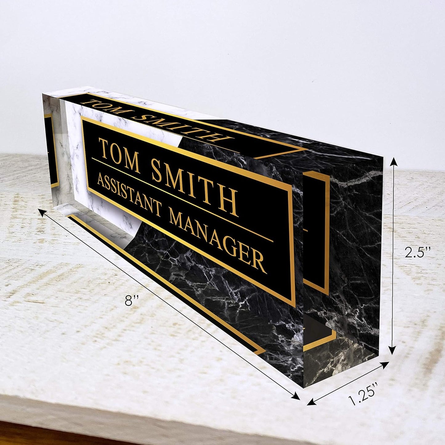 Artblox Office Desk Name Plate Personalized | Black & White Marble Design Printed On Clear Acrylic Glass | Custom Name Plates for Desks | Office Desk Decor - (8" x 2.5")