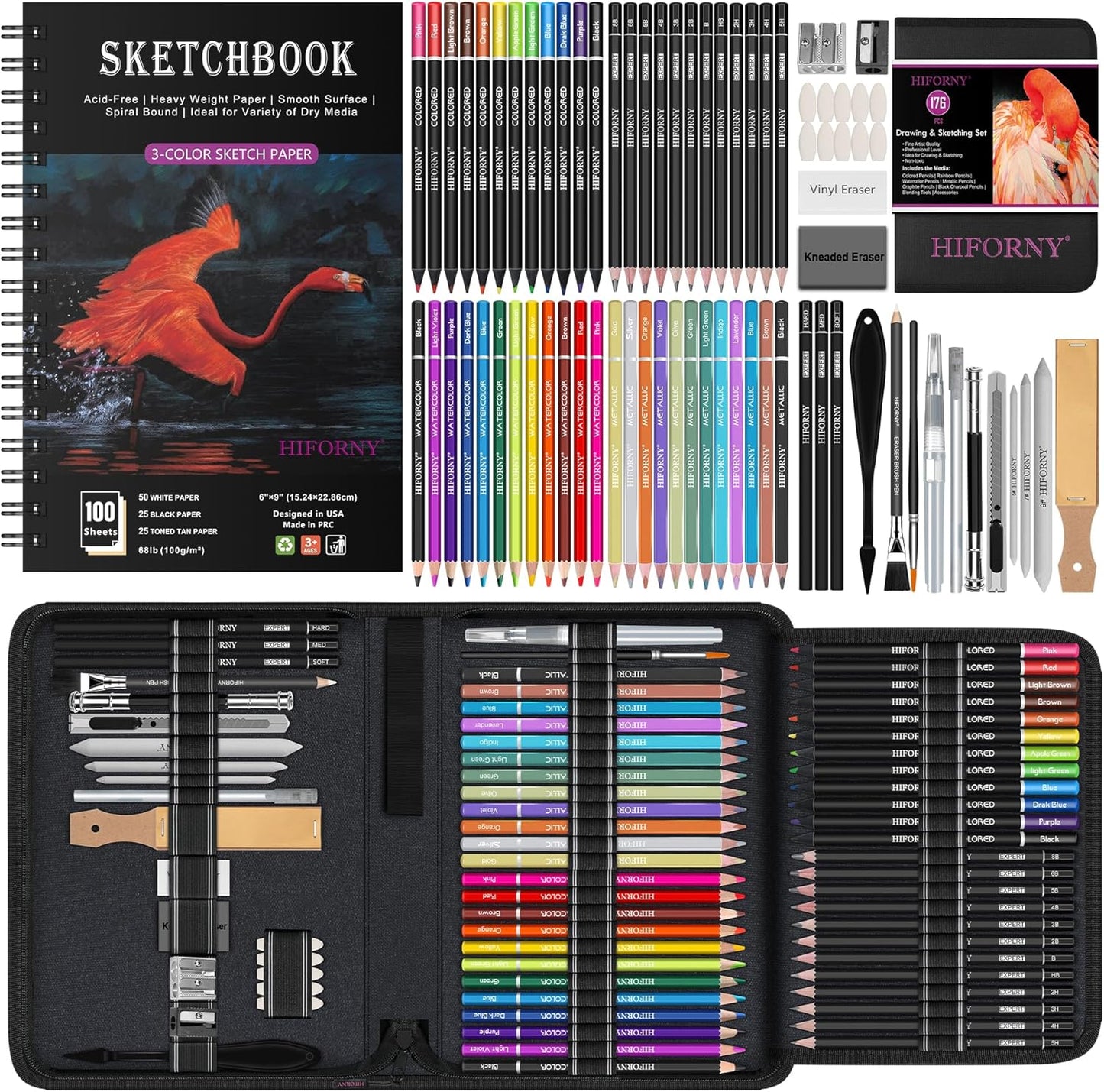 HIFORNY 176 PCS Art Supplies Drawing Set Sketching Kit with 100 Sheets 3-Color Sketchbook,Graphite Colored Charcoal Watercolor & Metallic Pencils,Blending Tools and More, for Beginner Artists