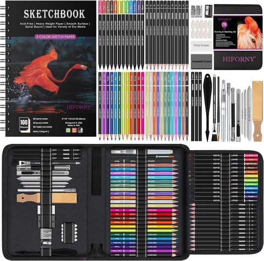 HIFORNY 176 PCS Art Supplies Drawing Set Sketching Kit with 100 Sheets 3-Color Sketchbook,Graphite Colored Charcoal Watercolor & Metallic Pencils,Blending Tools and More, for Beginner Artists