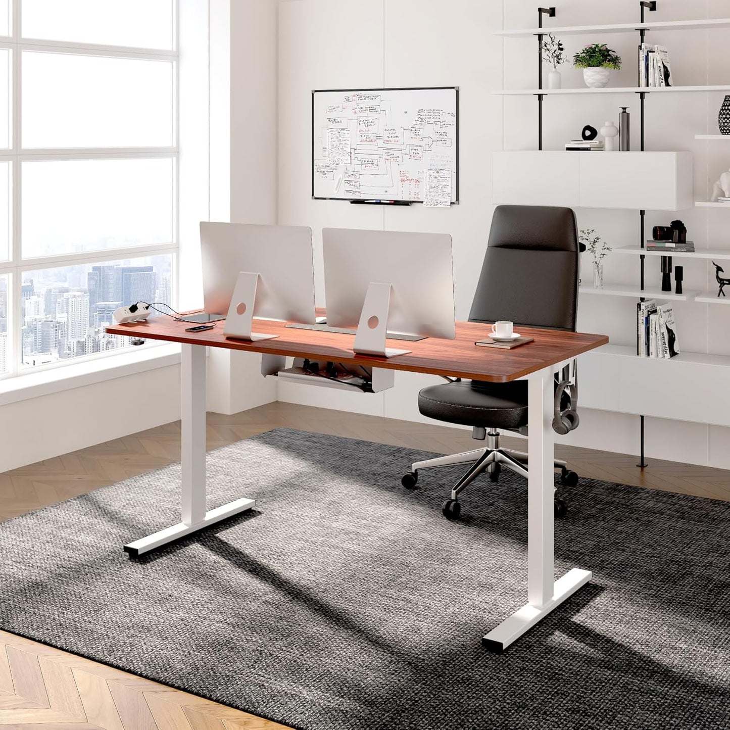 FLEXISPOT EN2 Whole-Piece Standing Desk with Clamp Power Strip, 60 x 24 Electric Stand Up Height Adjustable Desk with Cable Management (White Frame + 60" Mahogany Desktop, 2 Packages)