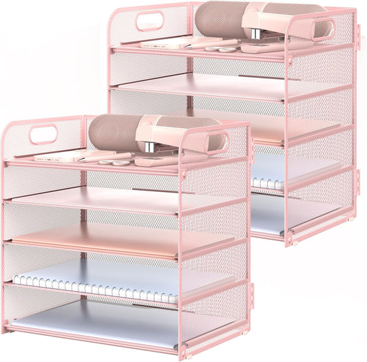 2 Pack Letter Tray 5-Tier Desk Organizer File Paper Holder with Handle, Metal Desktop Document Shelf Tray Office Classroom Organization - Pink