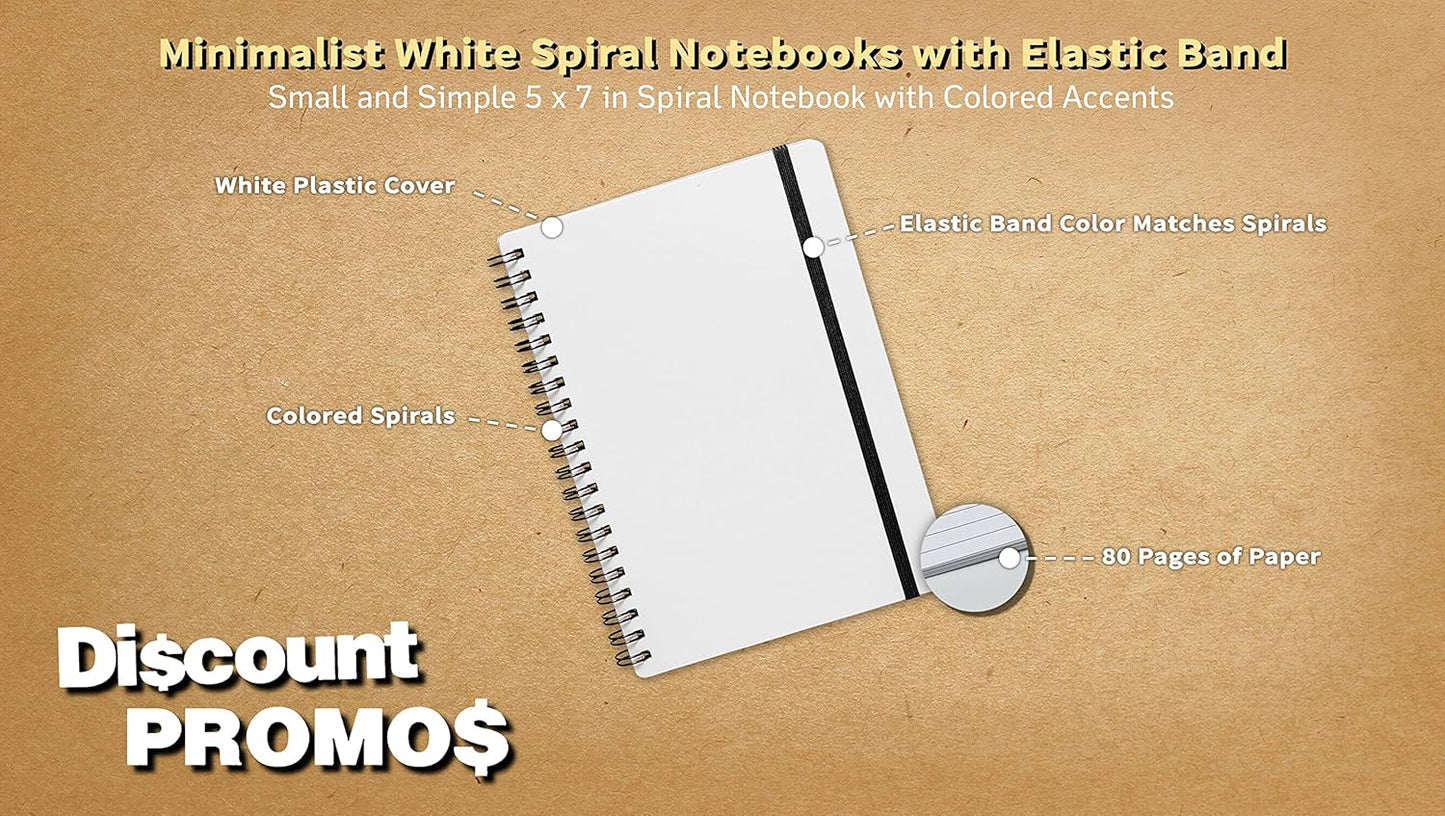 10 White Spiral Notebooks with Elastic Band Pack - 80 lined pages, Recycled - Black