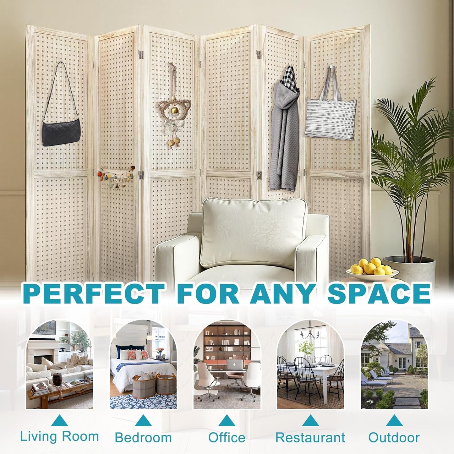 6 Panel Room Divider, 5.6FT Folding Room Divider Screen, Free Assembled Freestanding Partition for Home Office Bedroom, Tan