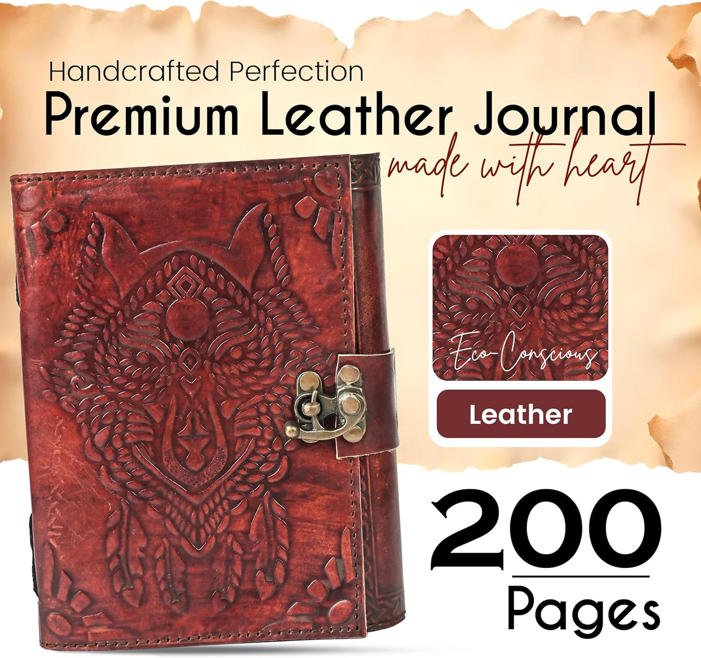 Aesthestic Wolf Embossed Vintage Leather Journal with Antique Clasp Lock – 200 White Page Antique Deckle Edge Leather Bound Notebook – 5"X7" Aesthetic Grimoire, Journal for Writing, Home, Office