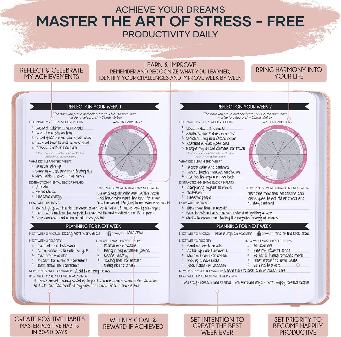 Self Care Journal & ADHD Planner for Adults - 5 Minute Journal, A 90 Days Planner, Creating Your Dream Life, Increase Productivity & Happiness, Vision Board, Guided & Gratitude Journal - Undated