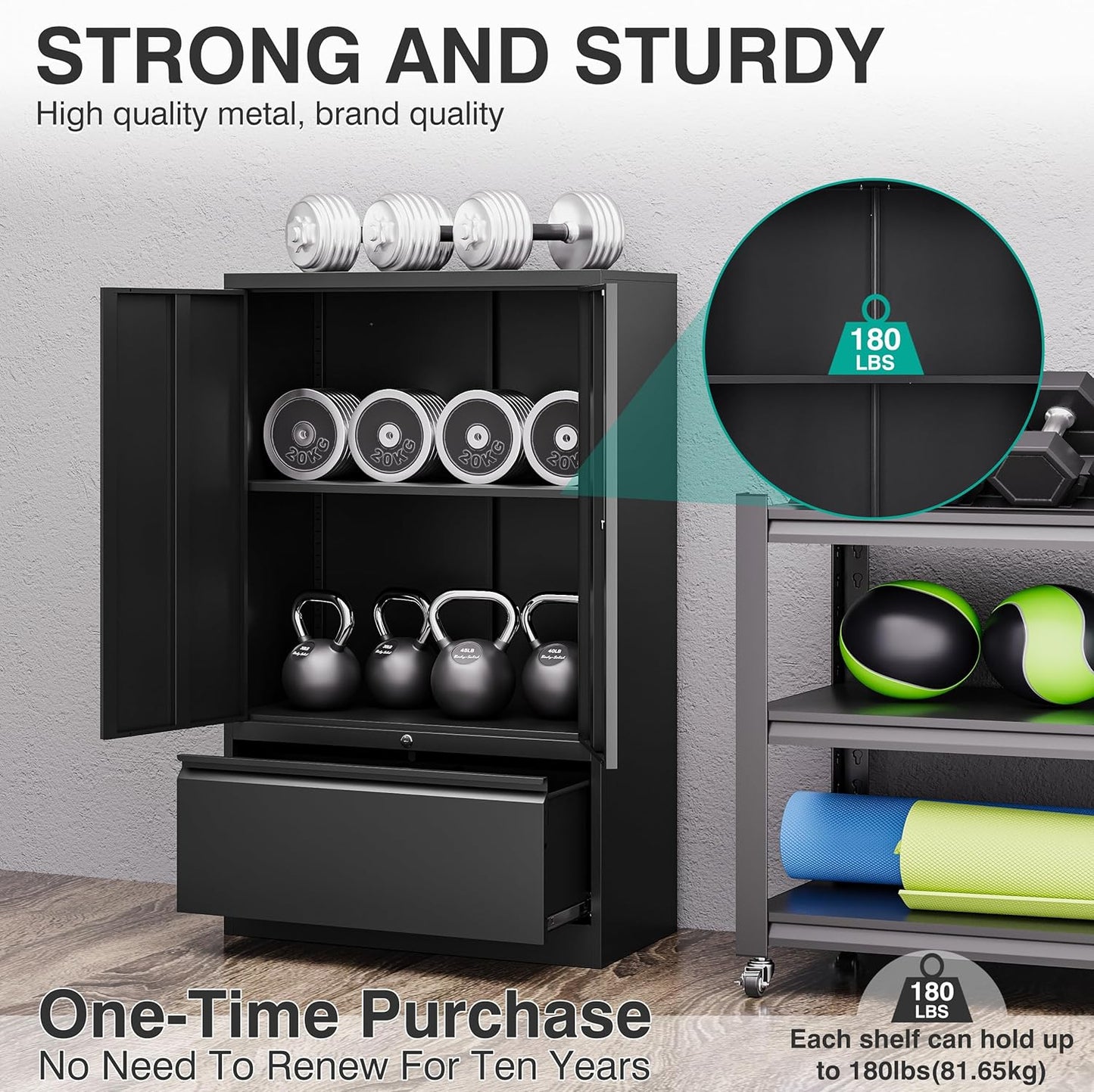 SISESOL Black Lateral File Cabinet with Lock,51" Locking Filing Cabinet with Doors and Shelves,Metal Storage Cabinets with Drawer for Home,Office,Garage,School,Fit A4/Letter/Legal File (1 Drawer)