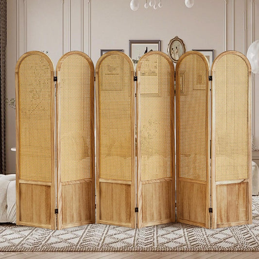 6 Panel Rattan Room Divier, Room Divider Panel and Folding Privacy Screens, Room Divider Wall, Solid Wood Frame, Partition Room Dividers, Bedroom, Lounge, Light Brown