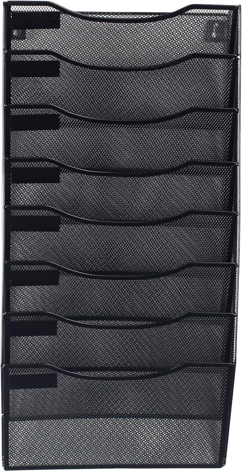 8 Section Hanging Files Wall Mounted Metal Mesh Document Organizer Magazine Holder Rack Multipurpose Use to Display Files, Magazines, Newspapers - Black