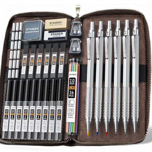 30PCS Silver Metal Mechanical Pencil Set in Leather Case, 0.5/0.7/0.9/2.0mm Art Drafting Pencils with 16 Tubes Graphite Leads (6B 4B 2B HB 2H 4H) & Colored Refills for Sketching, Drawing, Writing