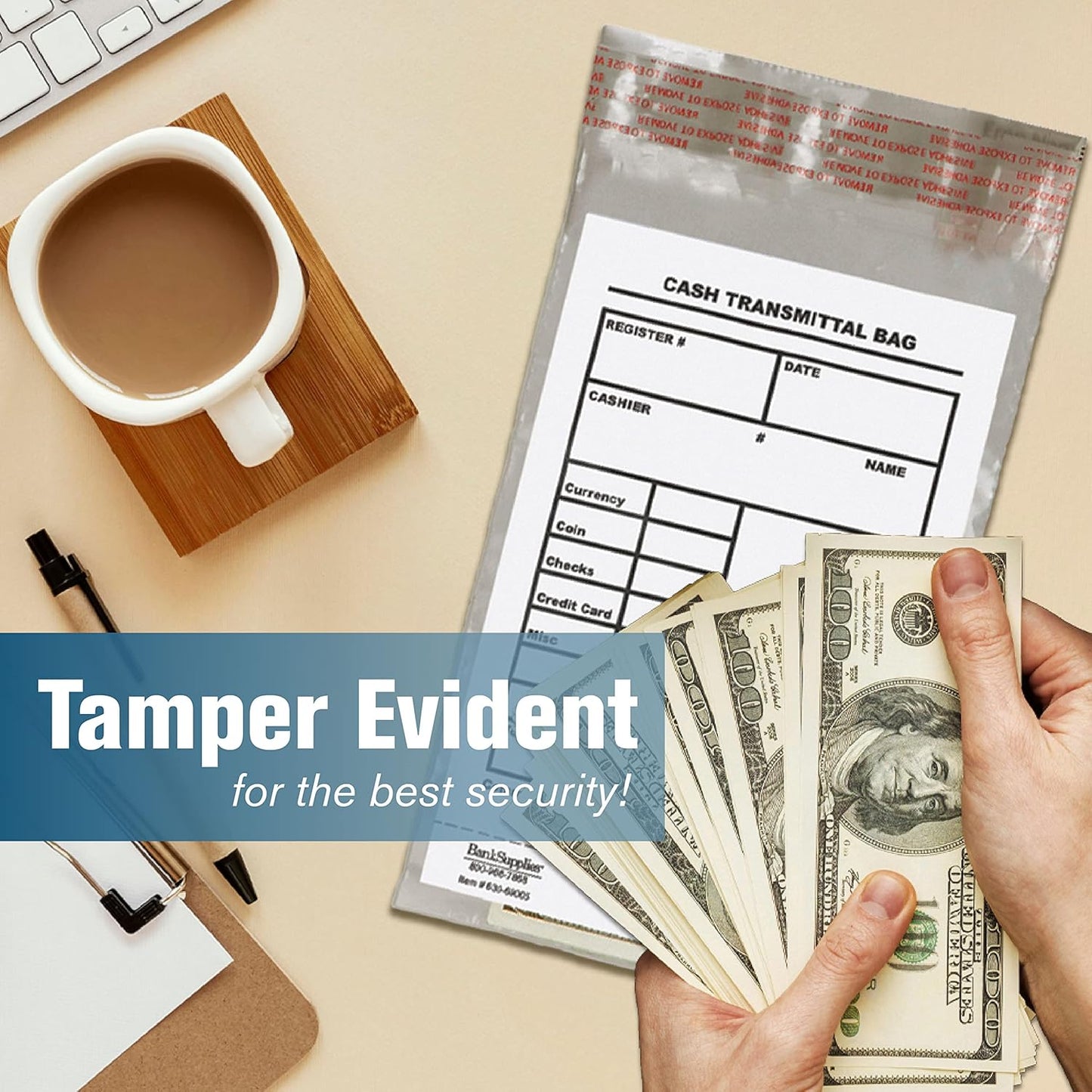 BankSupplies Cash Transmittal Bags Tamper-Evident 6W x 9H Case of 500 Clear Polyurethane with Side-Weld Seams for Currency, Coins, Checks, and Receipts