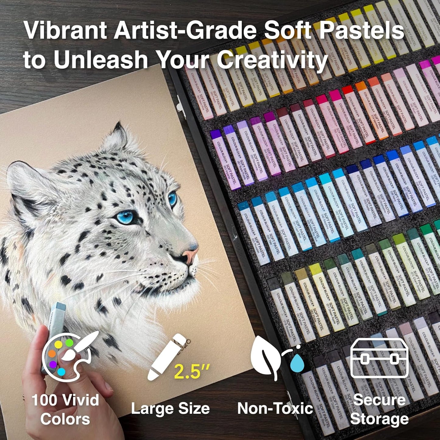 COLOUR BLOCK Soft Pastels for Artists - 100 Colors Square Chalk Pastels Set in Wooden Box - Vibrant Pigments Art Kit for Painting, Drawing, Sketching, Hobbyists, Students and Kids.