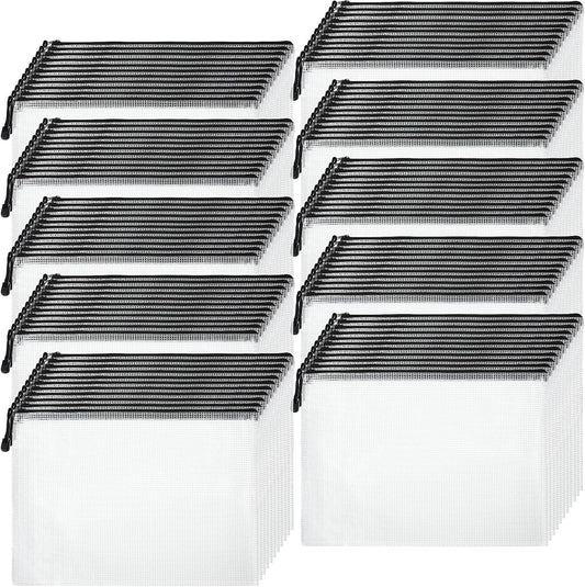 200 Pcs A4 Mesh Zipper Pouch Bulk Waterproof Mesh Zipper Organizer Plastic File Folder Case for School Office Supplies Document Board Games Puzzle(Black)