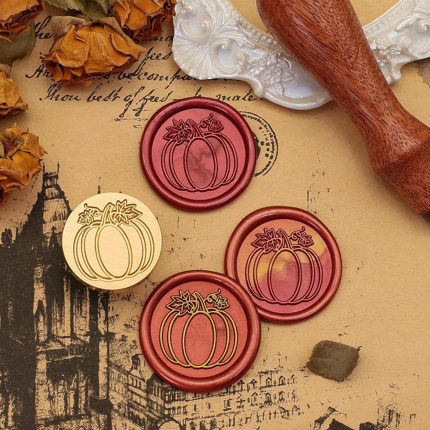 SWANGSA Fall Pumpkin Wax Seal Stamp Kit with 200pcs Sealing Wax Beads, Great for Halloween, Thanksgiving, Autumn Party Invitations, Wine Packages, Gift Wraps