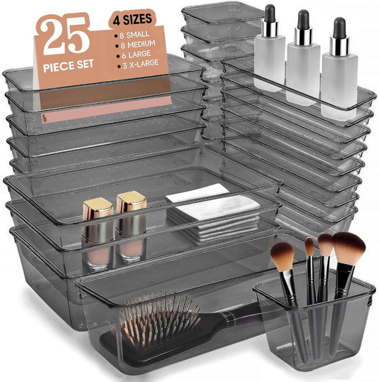 Kitchen Desk Drawer Organizers Storage for Office, Small Acrylic Vanity Trays Makeup Organizer for Drawer Bathroom Plastic Make up Organizers 25 Pcs Clear Black