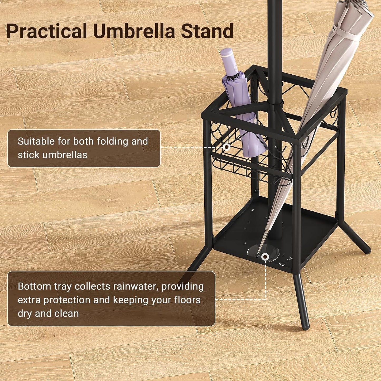 ELYKEN Coat Rack Freestanding, Metal Coat Rack Stand with Umbrella Holder, Modern Coat Tree with 12 Hooks, Floor Standing Corner Hall Tree for Entryway Living Room Bedroom Office, Brown