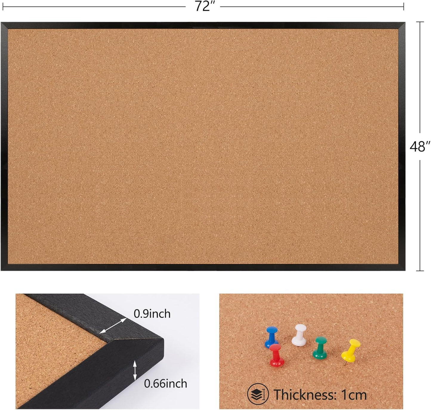 Board2by Extra Large Cork Bulletin Board 72" X 48", Black Wood Framed 6'x4' Corkboard for Wall, Wall Mounted Notice Pin Board with 18 Push Pins for School, Home & Office
