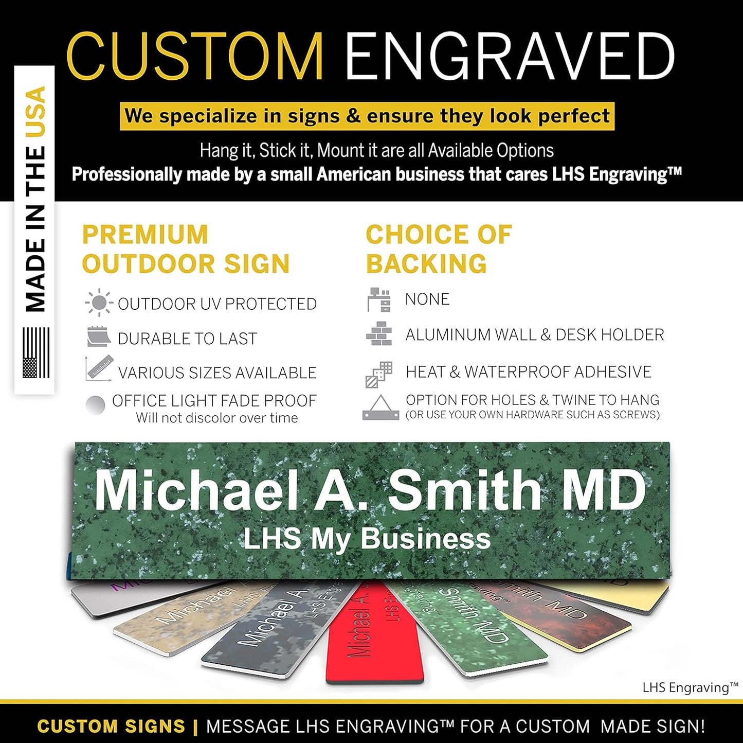 Engraved Name Plates for Door Sign Personalized Green Marble Plastic Plaque with White Letters - Made in USA 2x4 S4